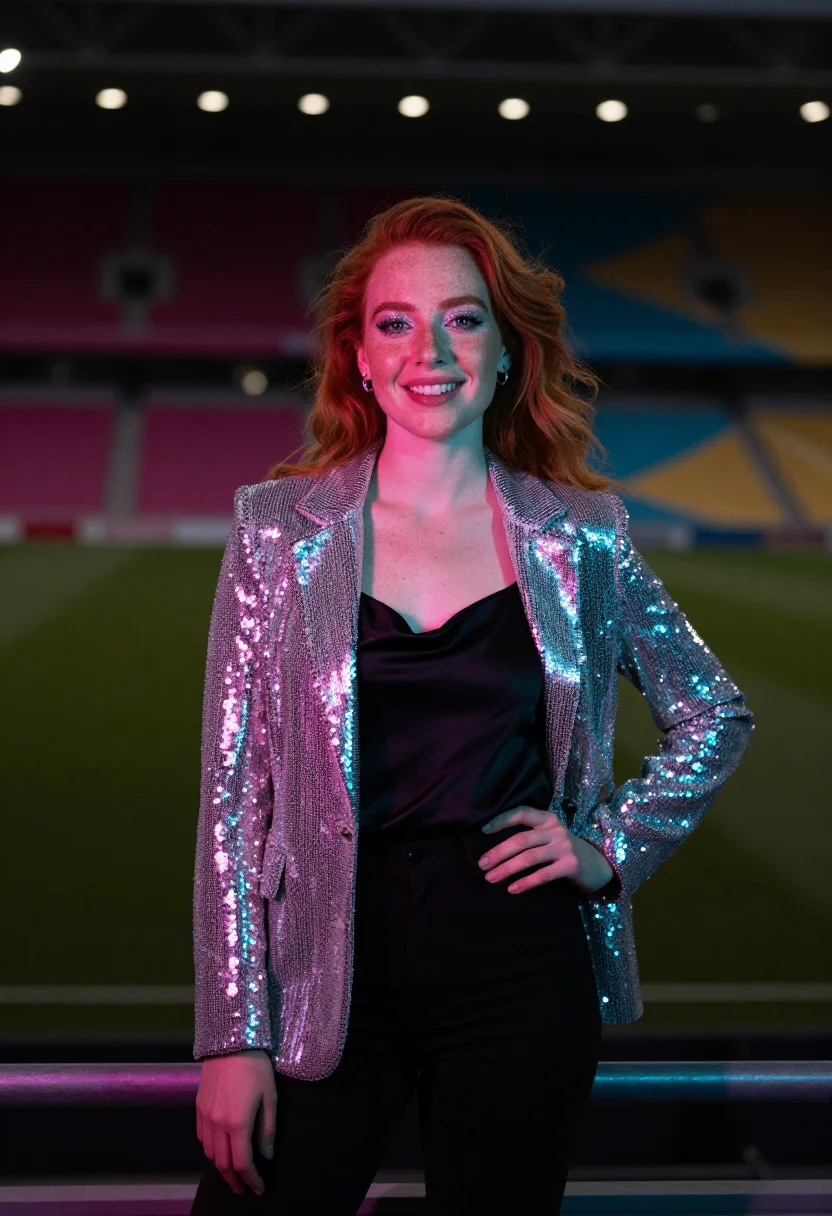 AI eurovision final night sequins palette sample — portrait of a woman, framed half-length from the waist up, t
