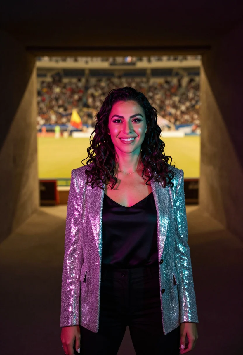 AI eurovision final night sequins palette sample — portrait of a woman, framed tight, head and shoulders, the b