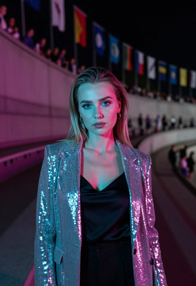 AI eurovision final night sequins palette sample — portrait of a woman, framed tight, head and shoulders, the b