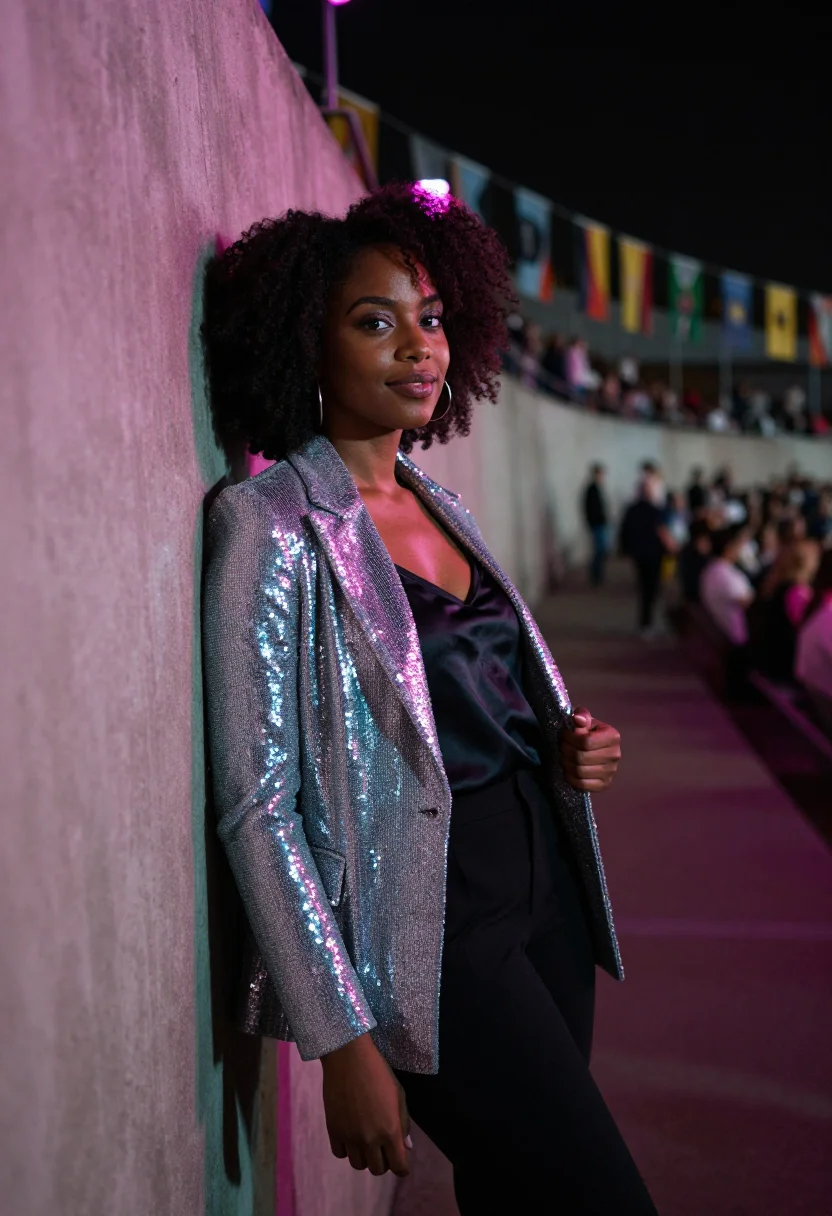 AI eurovision final night sequins palette sample — portrait of a woman, framed half-length from the waist up, t
