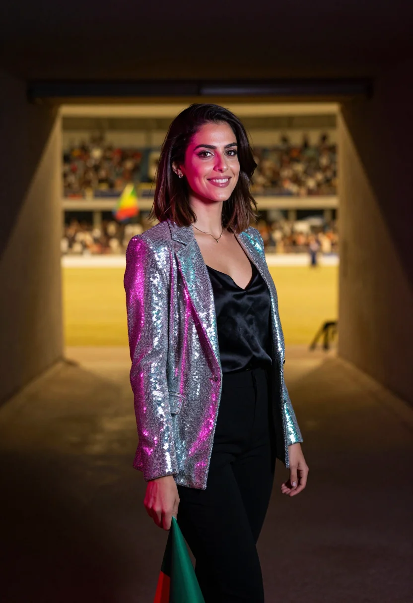 AI eurovision final night sequins palette sample — portrait of a woman, framed half-length from the waist up, t