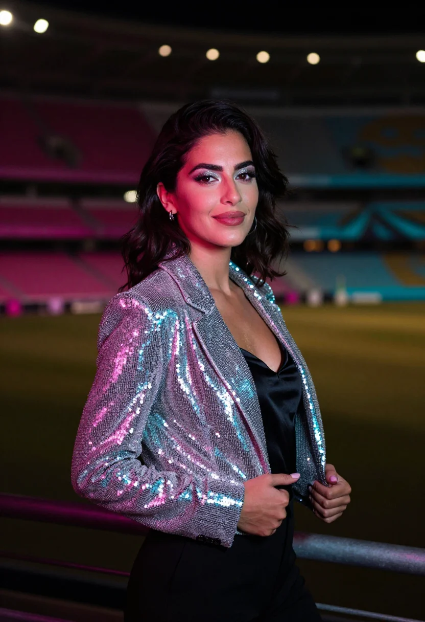 AI eurovision final night sequins palette sample — portrait of a woman, framed chest-up, the crop falling at mi