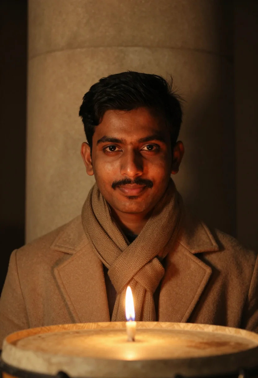 AI evensong candle stone sample — portrait of a man, framed as a tight headshot from the crown