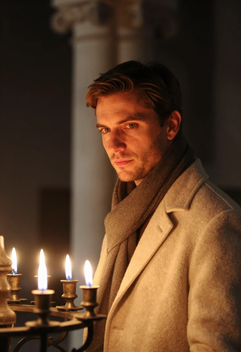 AI evensong candle stone sample — portrait of a man, framed as a tight headshot from the crown