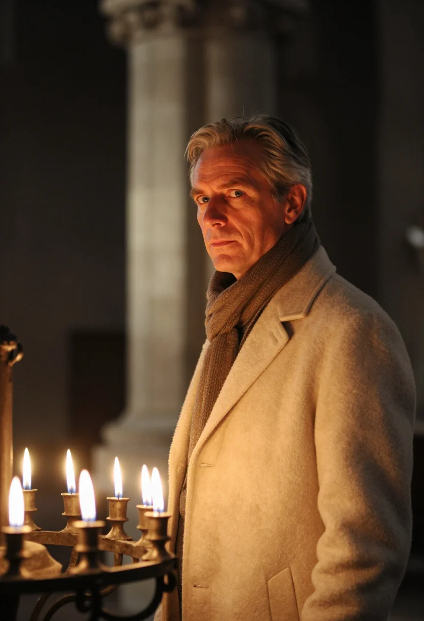 AI evensong candle stone sample — portrait of a man, framed chest-up from the ribs with the bo