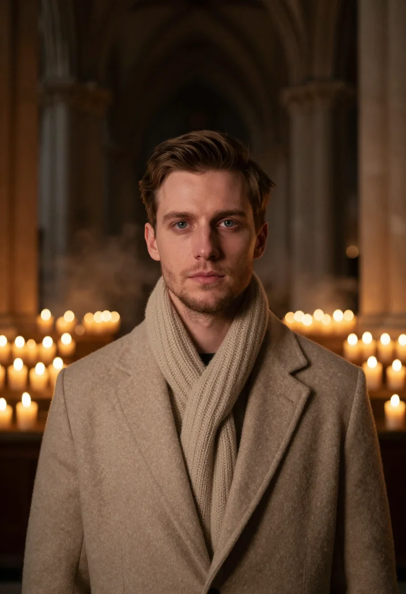 AI evensong candle stone sample — portrait of a man, framed as a tight headshot from the crown