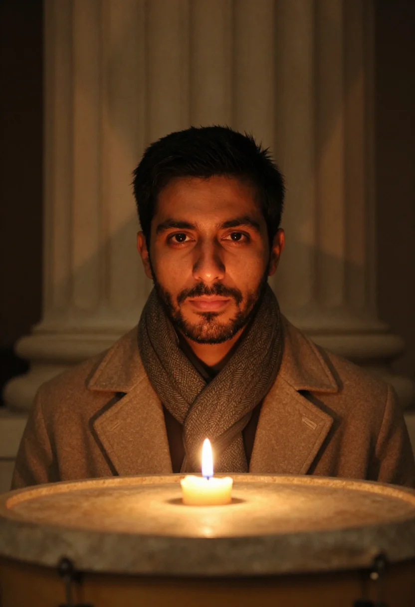 AI evensong candle stone sample — portrait of a man, framed head and shoulders, tighter, the b