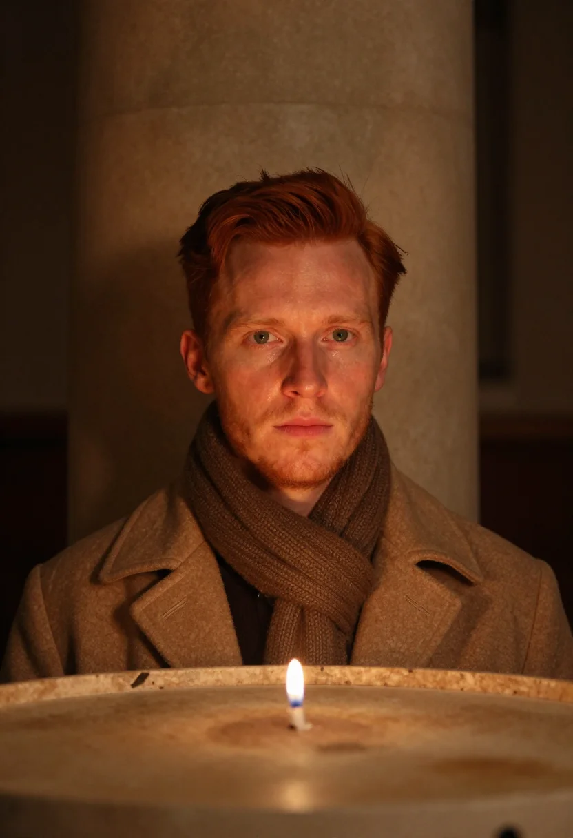AI evensong candle stone sample — portrait of a man, framed as a tight headshot from the crown