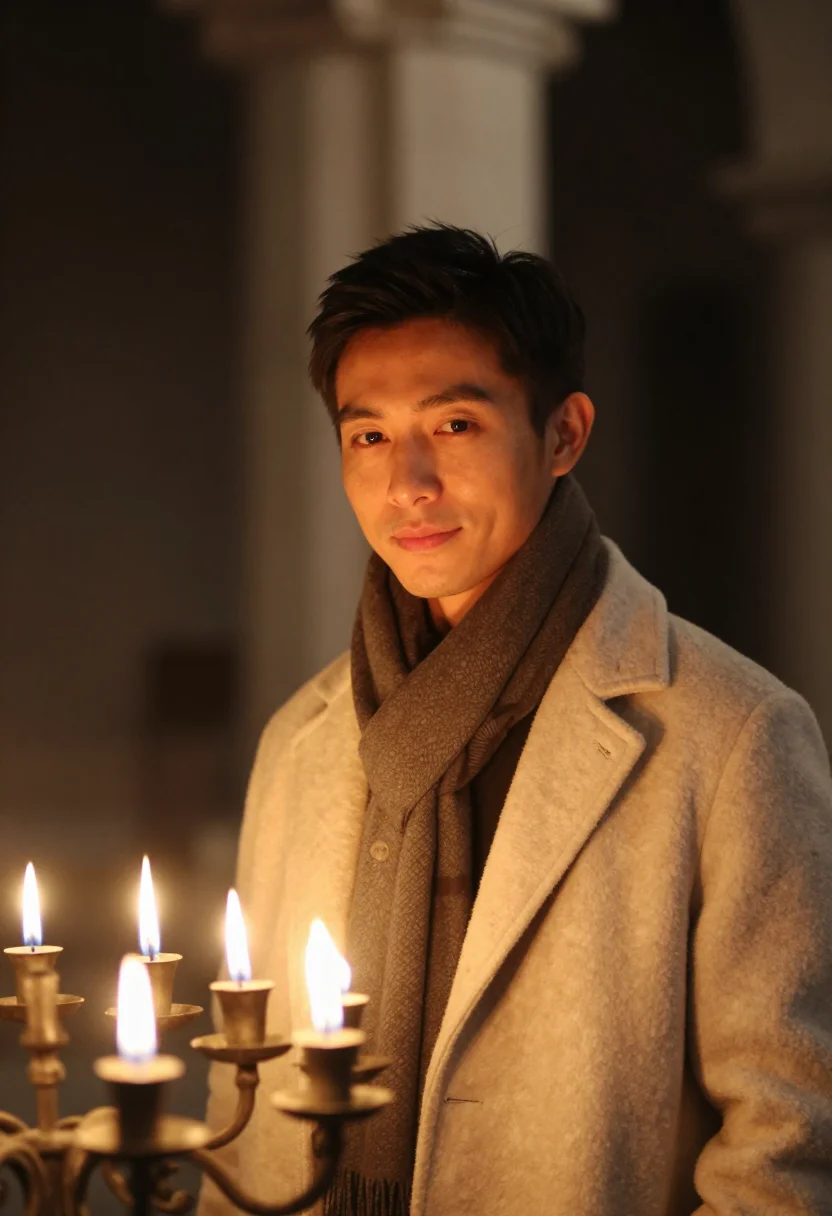 AI evensong candle stone sample — portrait of a man, framed head and shoulders, tighter, the b