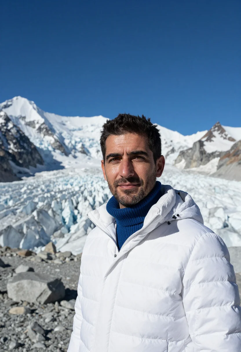 AI everest expedition doctor glacier white blue sample — portrait of a man, a Spanish expedition doctor in his mid-fo