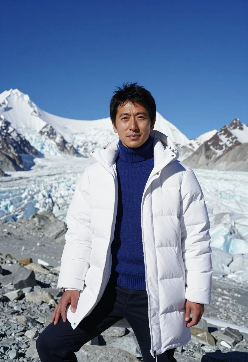 AI everest expedition doctor glacier white blue sample — portrait of a man, a Japanese expedition doctor in his late