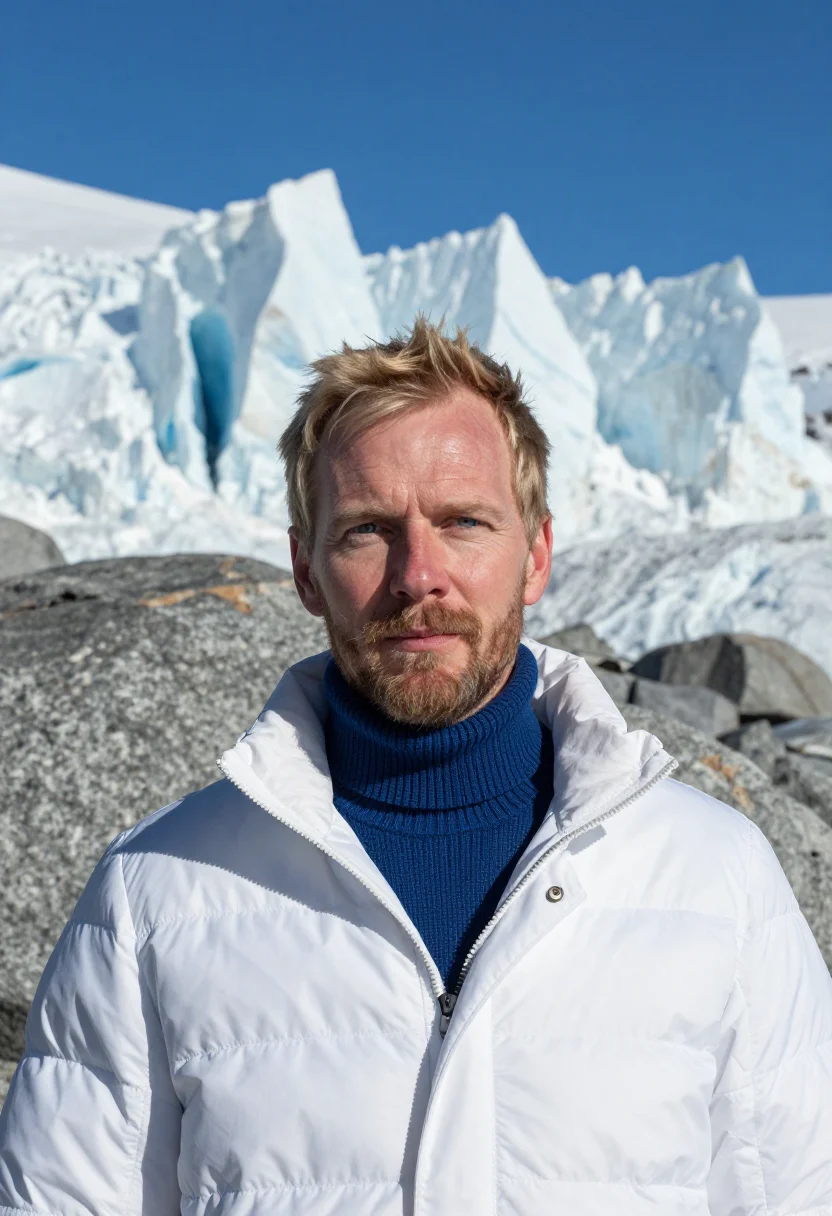 AI everest expedition doctor glacier white blue sample — portrait of a man, a Norwegian expedition doctor in his late