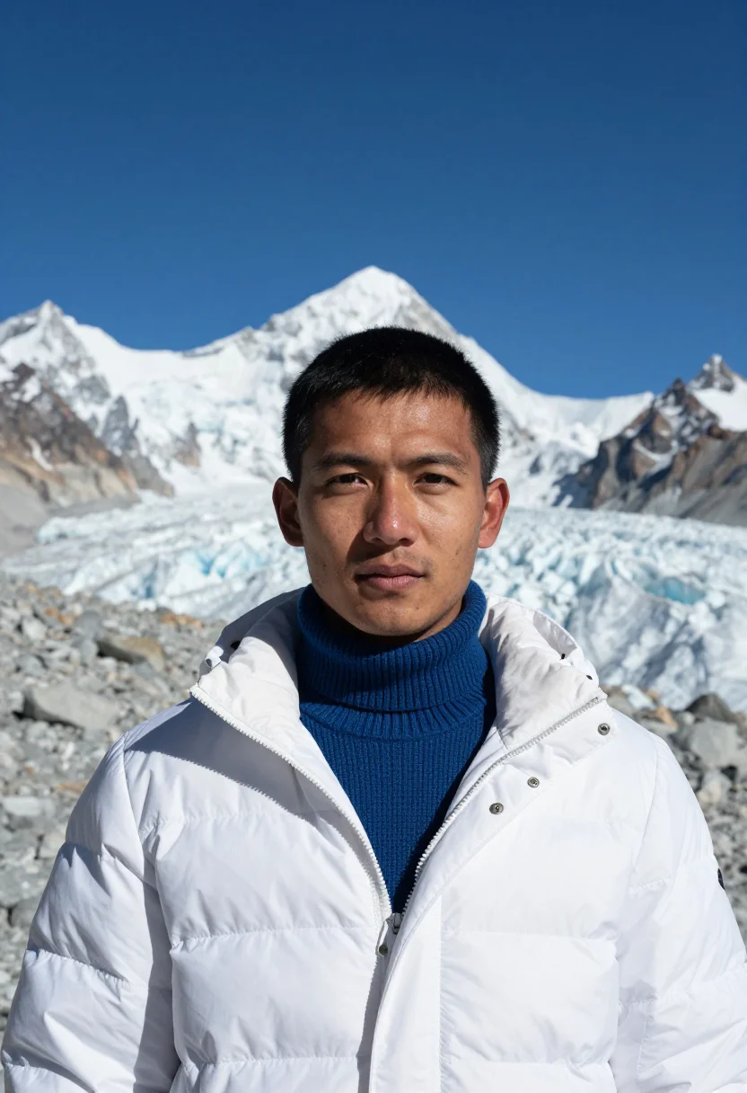 AI everest expedition doctor glacier white blue sample — portrait of a man, a Sherpa expedition doctor in his late tw