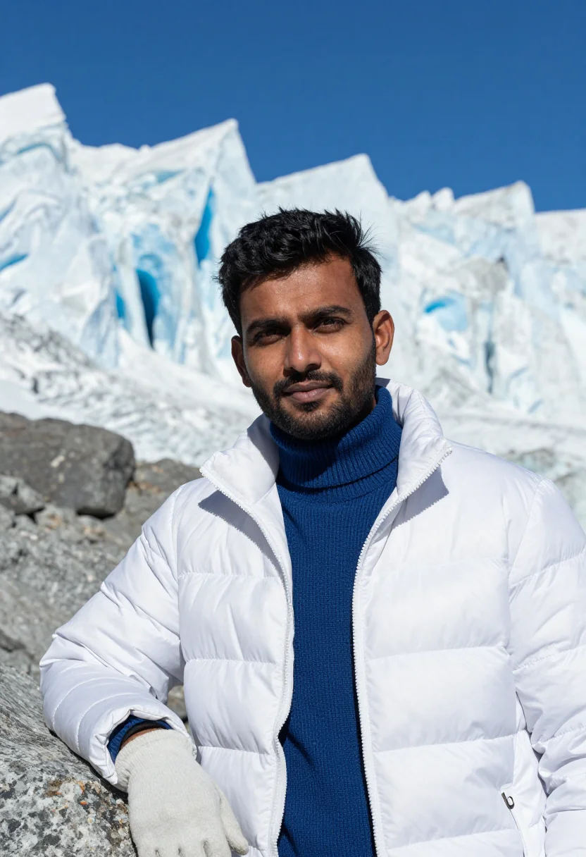 AI everest expedition doctor glacier white blue sample — portrait of a man, an Indian expedition doctor in his early
