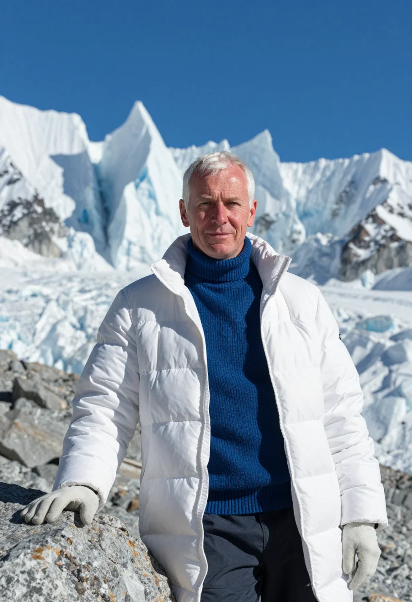 AI everest expedition doctor glacier white blue sample — portrait of a man, a Swiss expedition doctor in his late fif