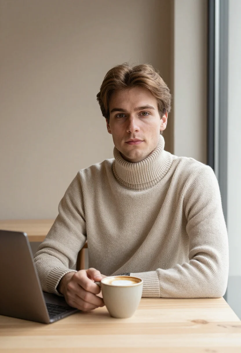 AI exam season cafe oat sample — portrait of a man, framed half-length, from the head to the