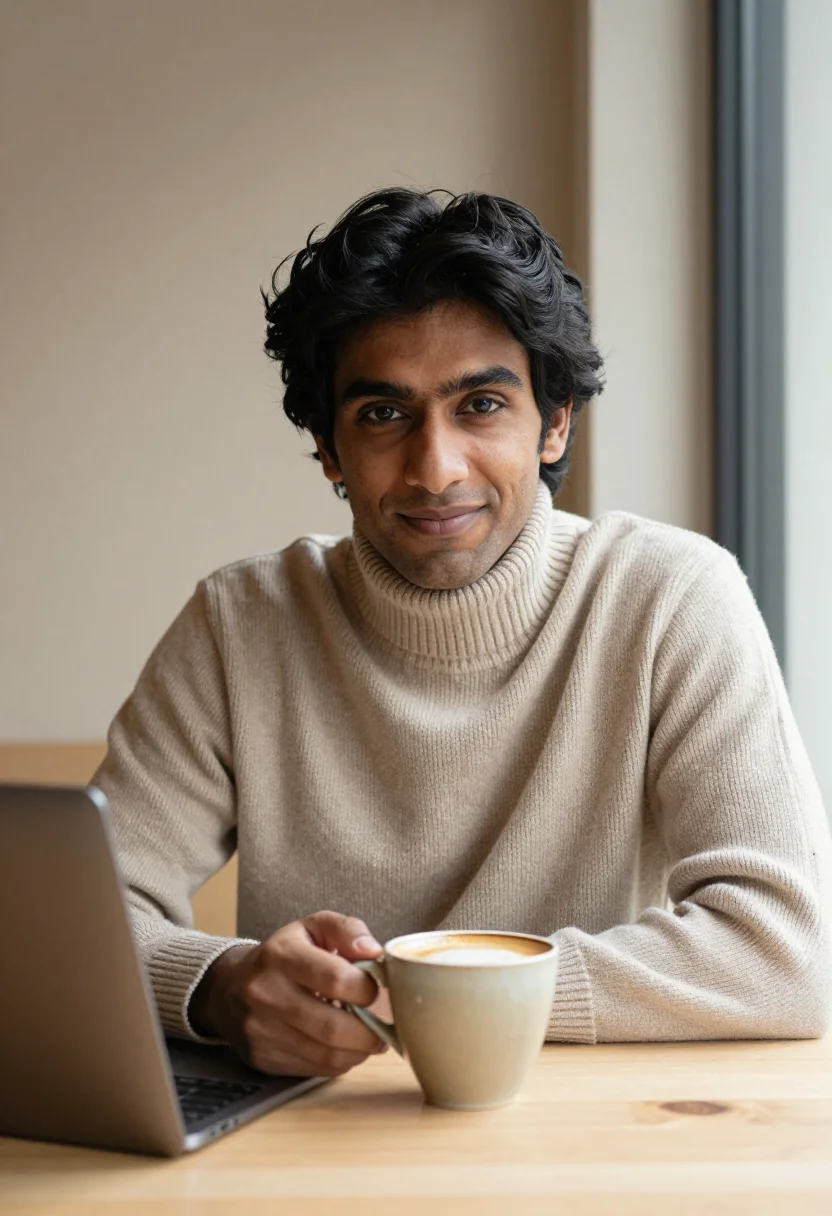 AI exam season cafe oat sample — portrait of a man, framed tight, head and shoulders, the bod