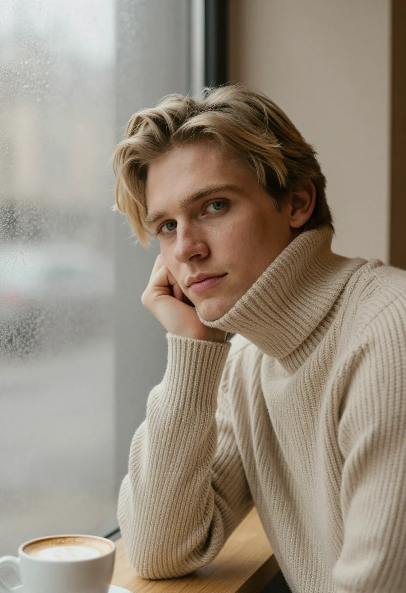 AI exam season cafe oat sample — portrait of a man, framed tight, head and shoulders, the bod