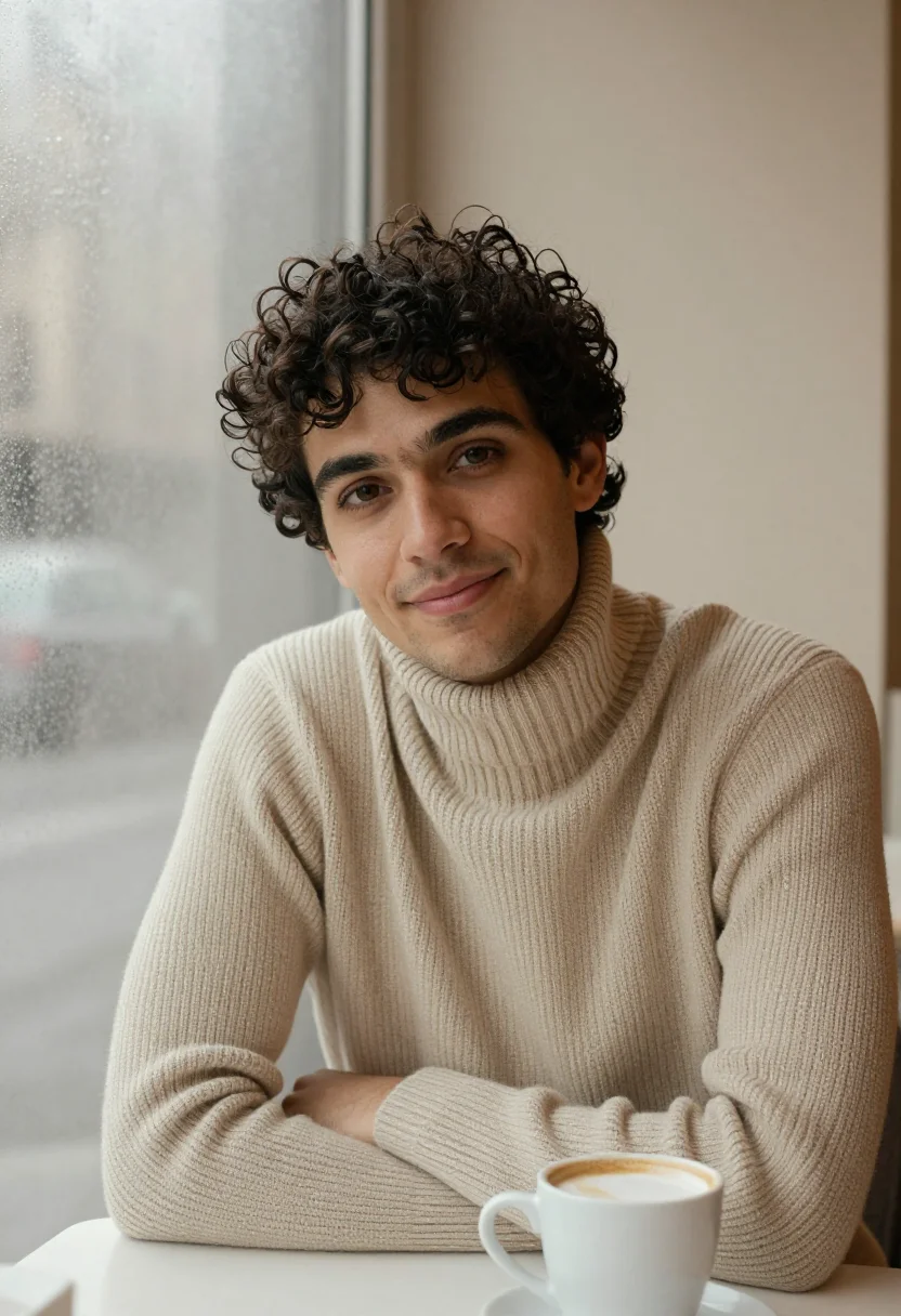 AI exam season cafe oat sample — portrait of a man, framed chest-up, the camera at eye height