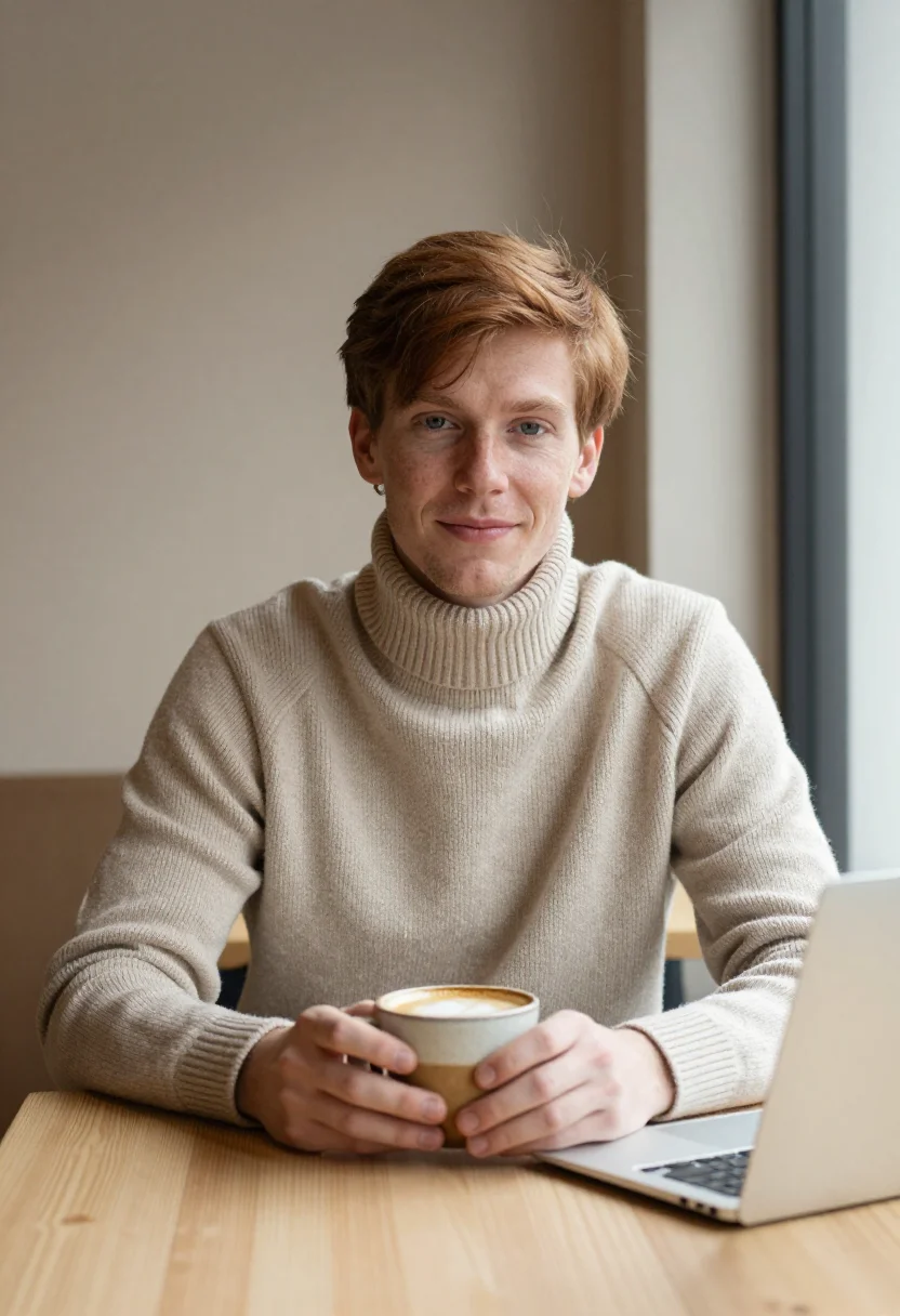 AI exam season cafe oat sample — portrait of a man, framed chest-up, the camera at eye height