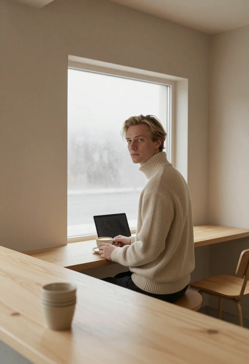 AI exam season cafe oat sample — portrait of a man, framed wide from behind the counter at st