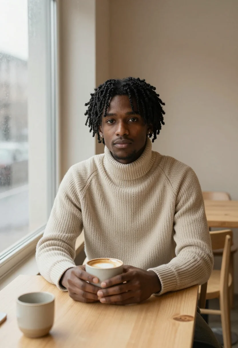 AI exam season cafe oat sample — portrait of a man, framed chest-up, the camera at eye height