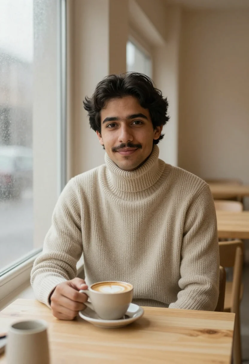 AI exam season cafe oat sample — portrait of a man, framed tight, head and shoulders, the bod