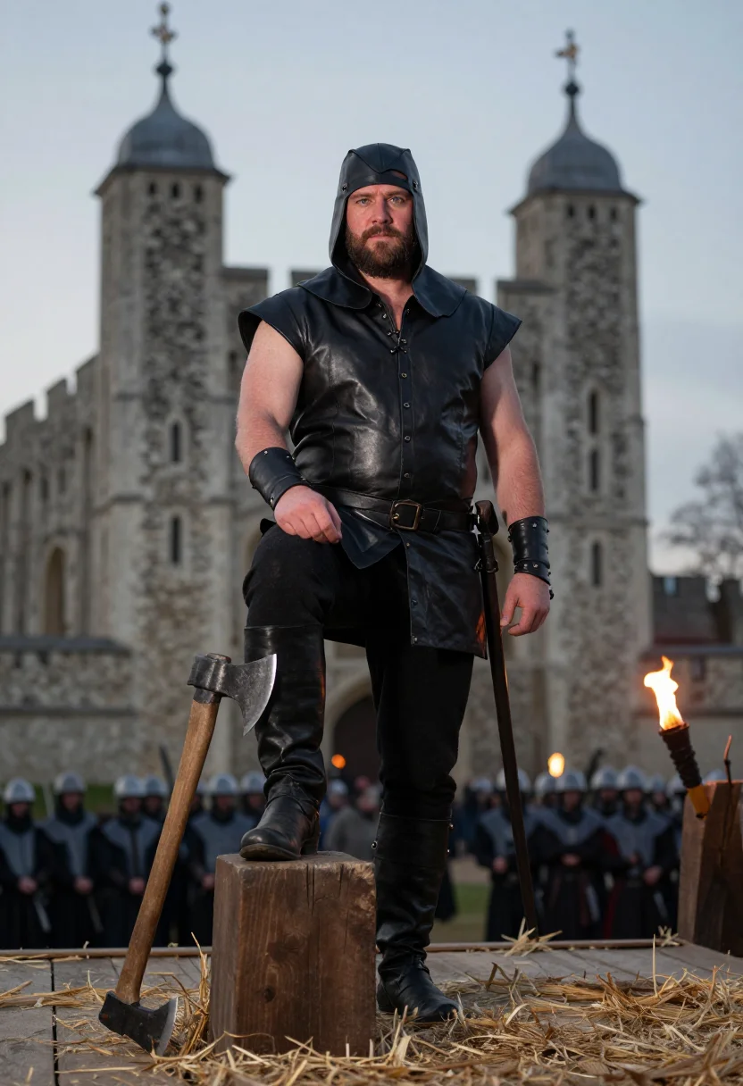 AI executioner sample — portrait of a man, half-length low-angle portrait of a Weste