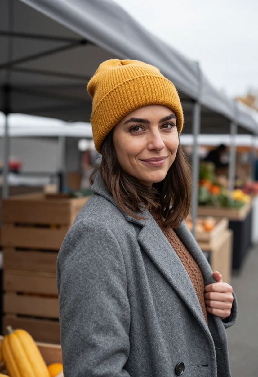 AI farmers market october mustard sample — portrait of a woman, chest-up portrait of a woman in her mid