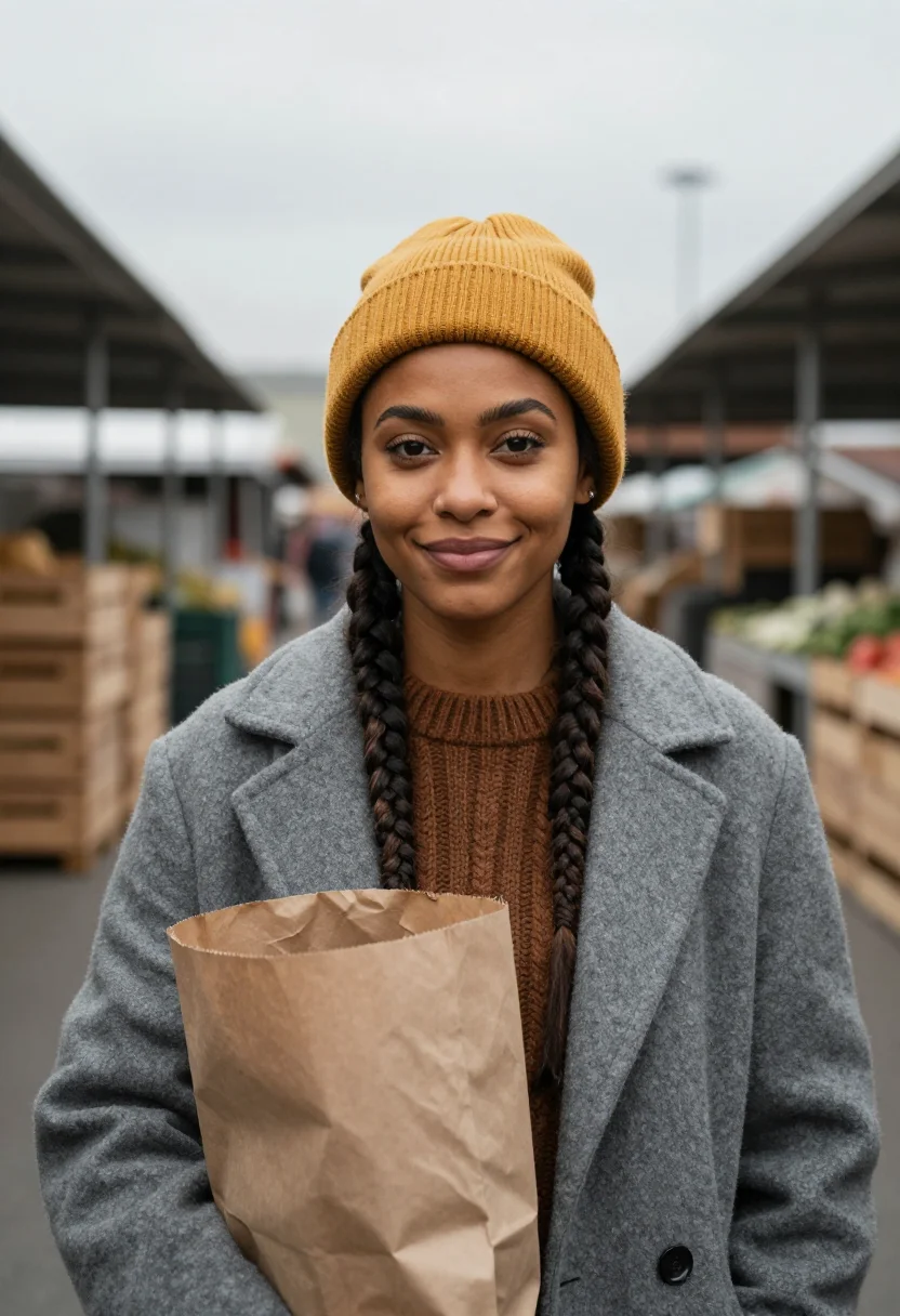 AI farmers market october mustard sample — portrait of a woman, chest-up portrait of a woman in her ear