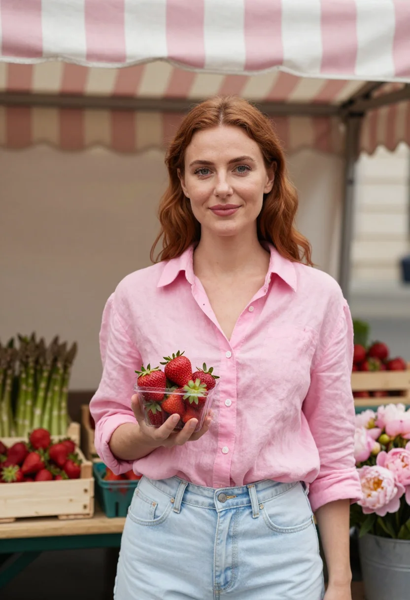 AI farmers market peony may pink date sample — portrait of a woman, framed chest-up from the head to mid-ch