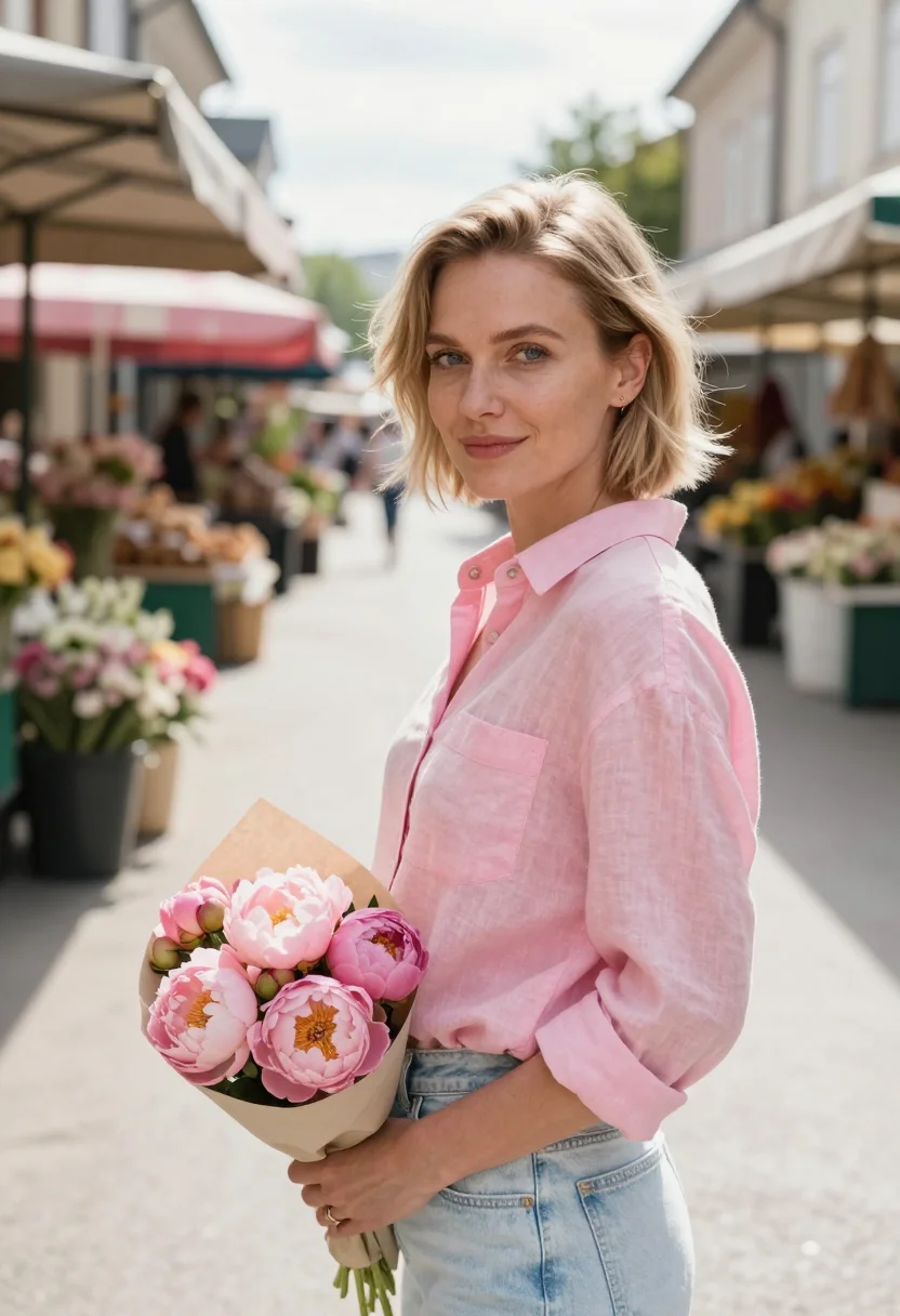 AI farmers market peony may pink date sample — portrait of a woman, framed tight, head and shoulders, the b