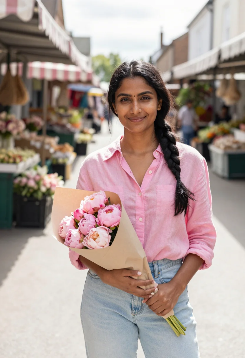 AI farmers market peony may pink date sample — portrait of a woman, framed chest-up from the head to mid-ch
