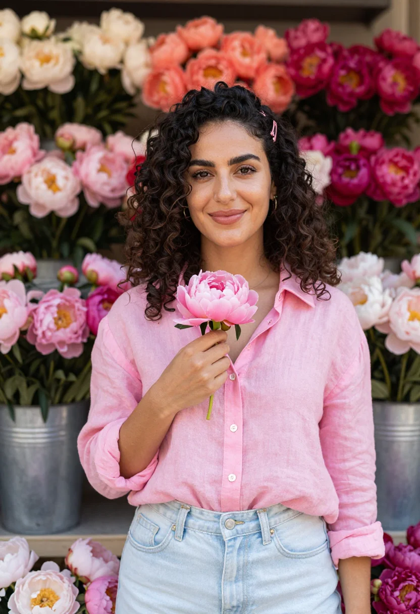 AI farmers market peony may pink date sample — portrait of a woman, framed chest-up from the head to mid-ch