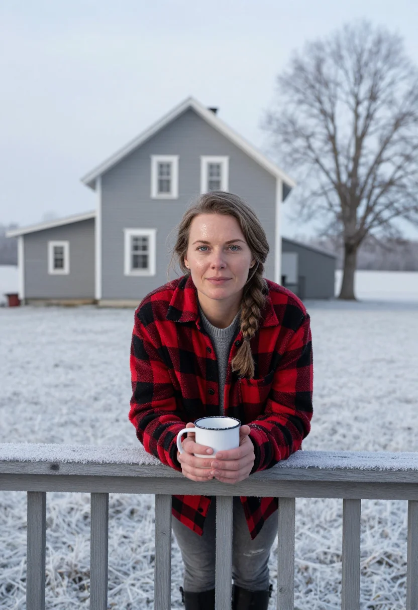 AI farmhouse porch red plaid sample — portrait of a woman, framed chest-up, cropped at the ribs, t