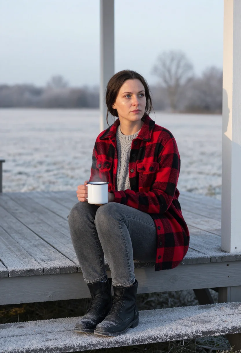 AI farmhouse porch red plaid sample — portrait of a woman, framed three-quarter length from the he