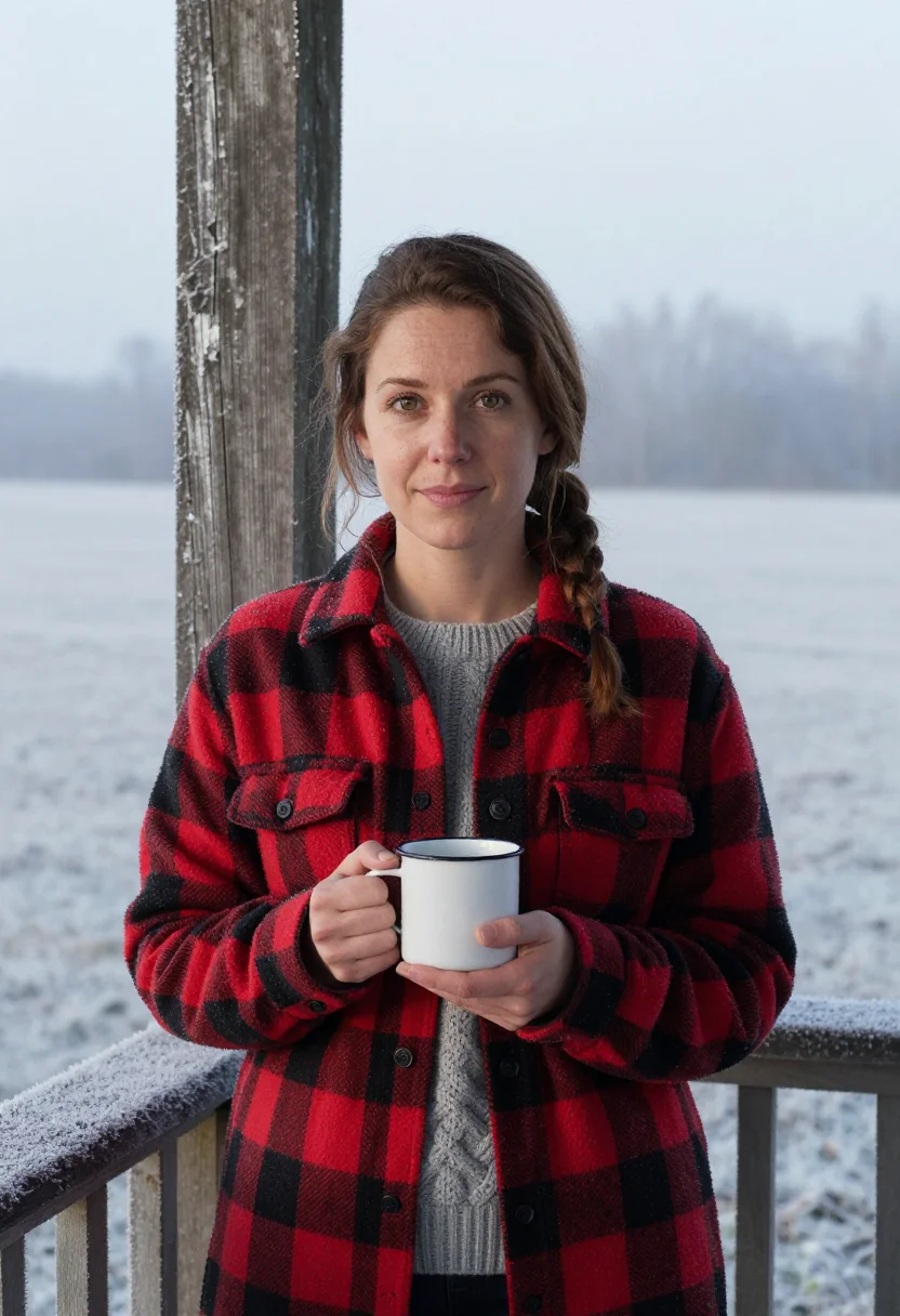 AI farmhouse porch red plaid sample — portrait of a woman, framed half-length from the head to the