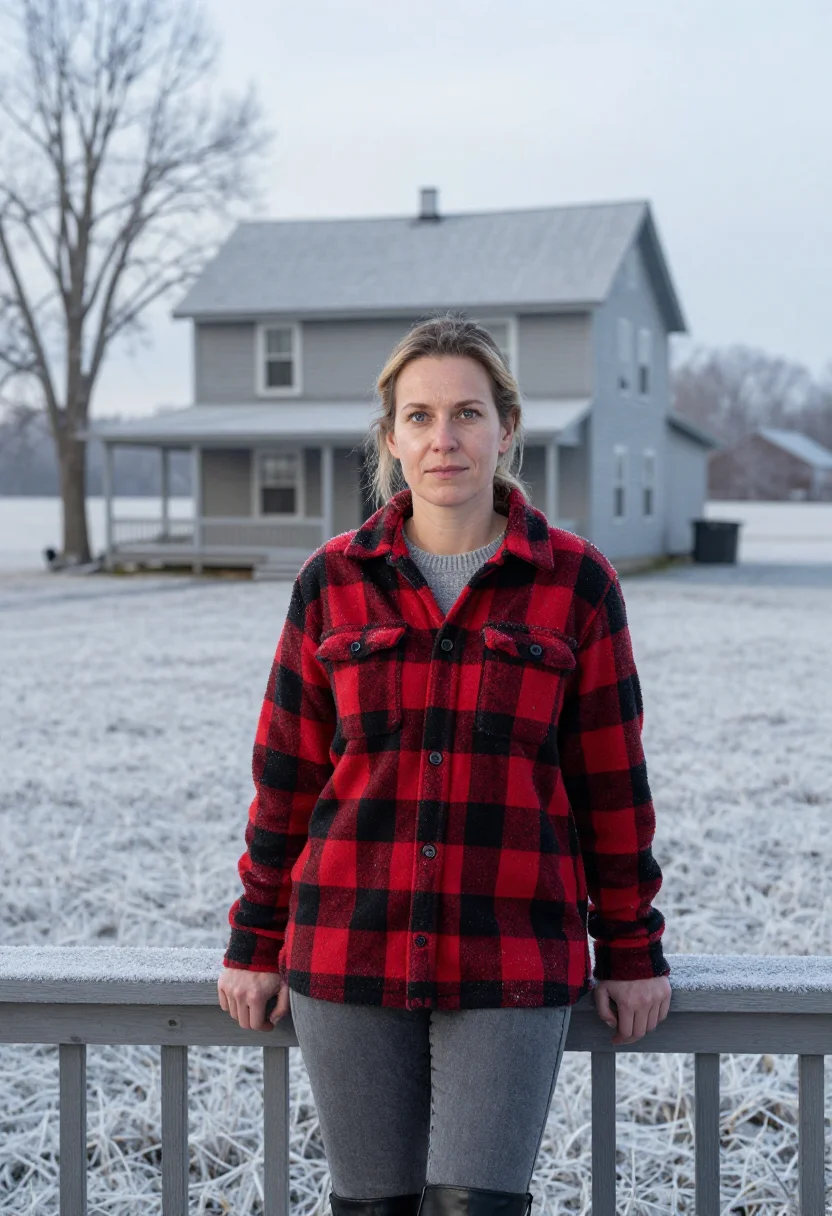 AI farmhouse porch red plaid sample — portrait of a woman, framed tight, head and shoulders, the b