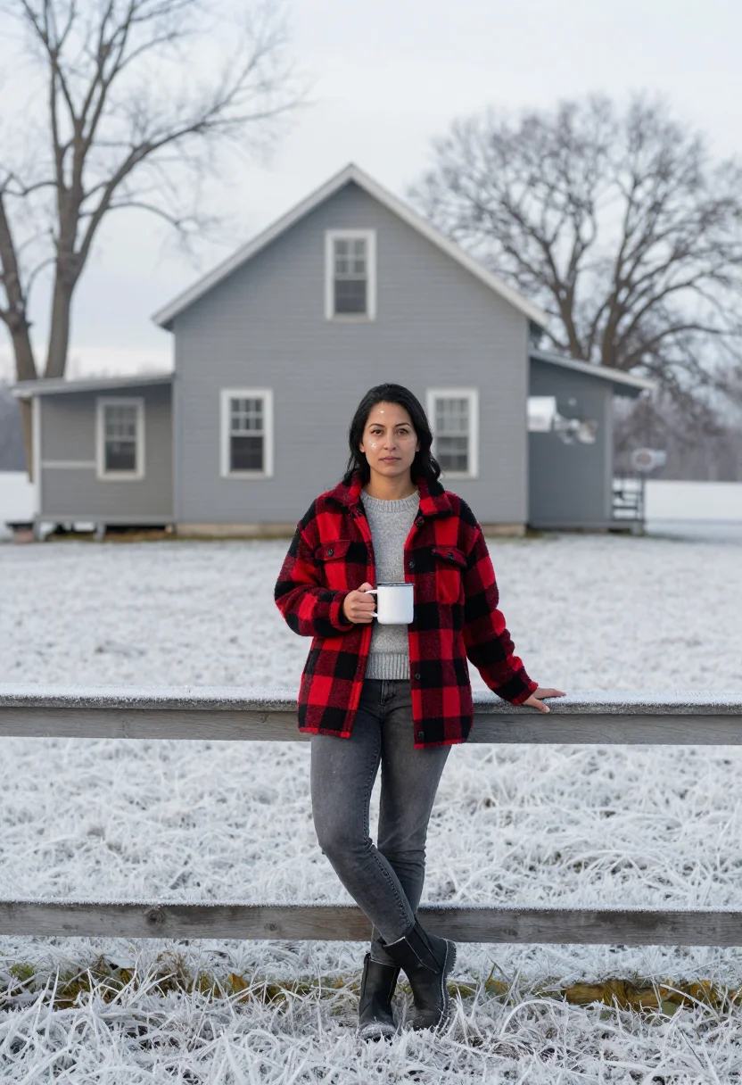 AI farmhouse porch red plaid sample — portrait of a woman, framed wide from the yard, the whole fa