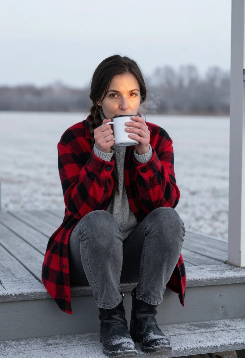AI farmhouse porch red plaid sample — portrait of a woman, framed chest-up, cropped at the ribs, t