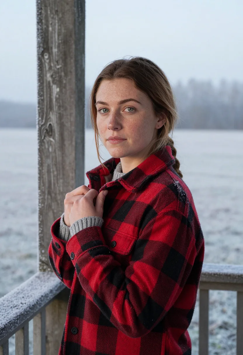 AI farmhouse porch red plaid sample — portrait of a woman, framed chest-up, cropped at the ribs, t