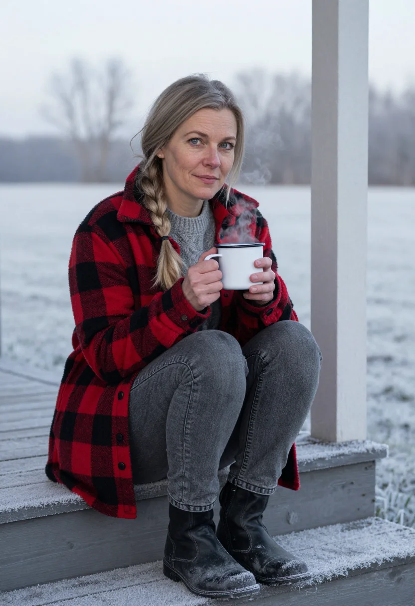 AI farmhouse porch red plaid sample — portrait of a woman, framed tight, head and shoulders, the b