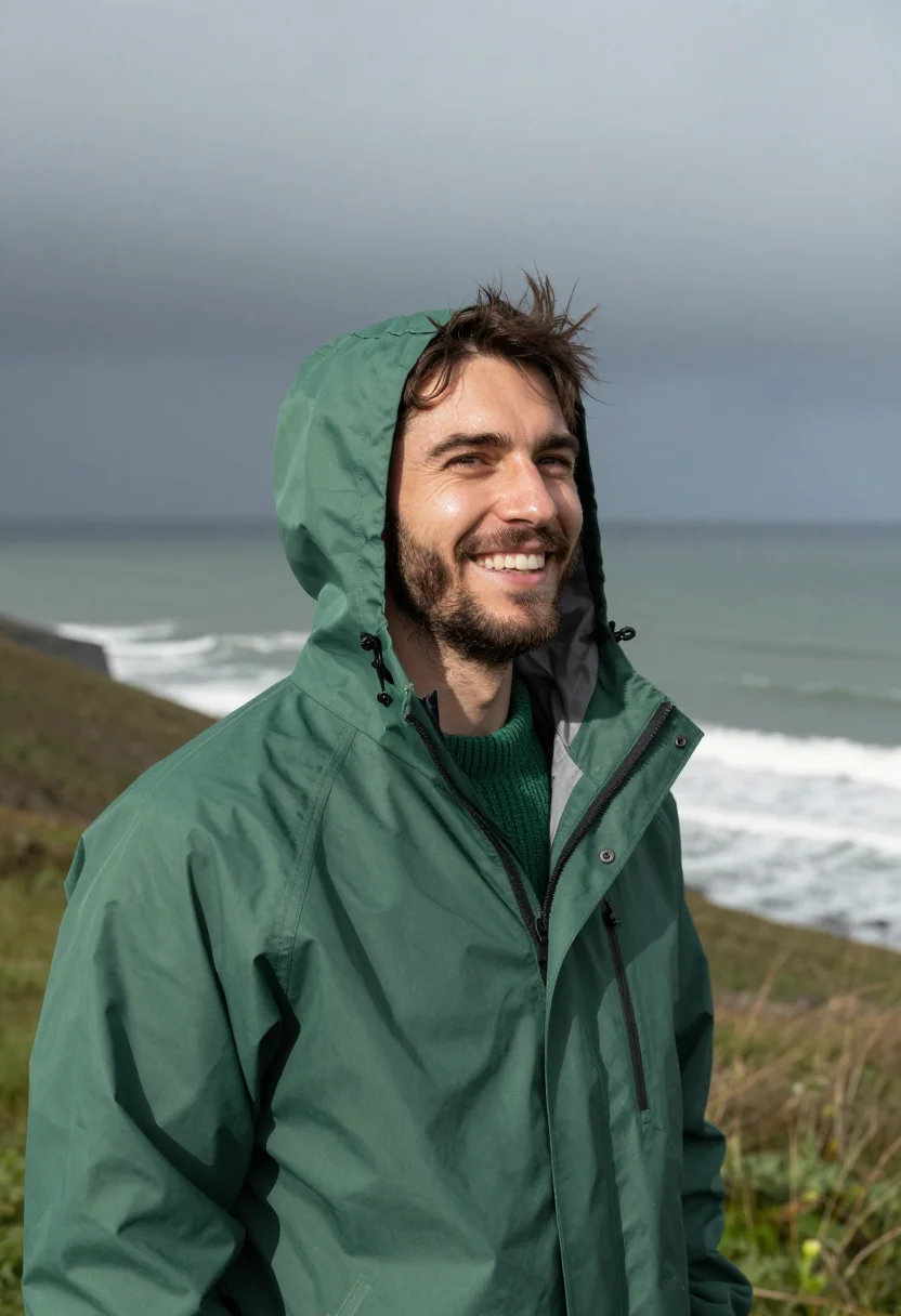 AI faroe turf green sample — portrait of a man, framed chest-up from the ribs with the bo