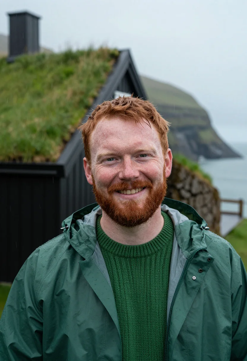 AI faroe turf green sample — portrait of a man, framed as a tight headshot from the crown