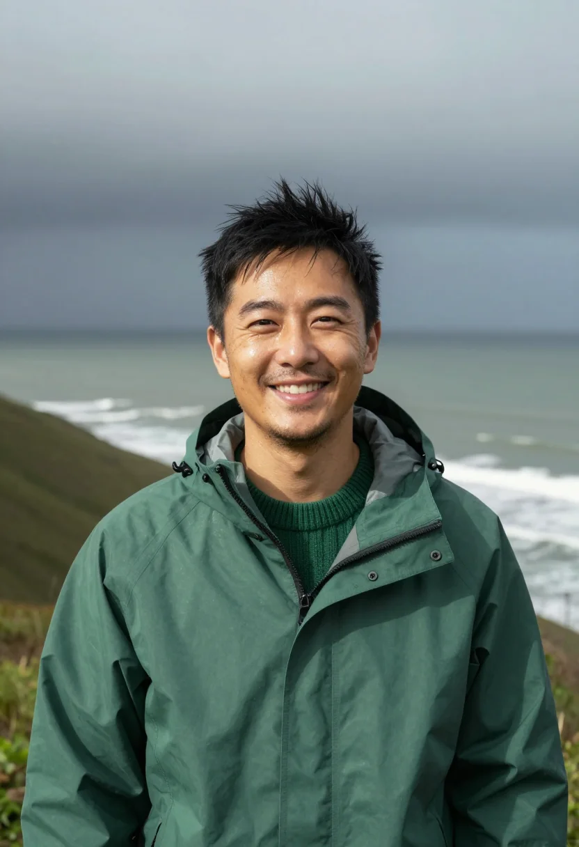 AI faroe turf green sample — portrait of a man, framed head and shoulders, tighter, the b