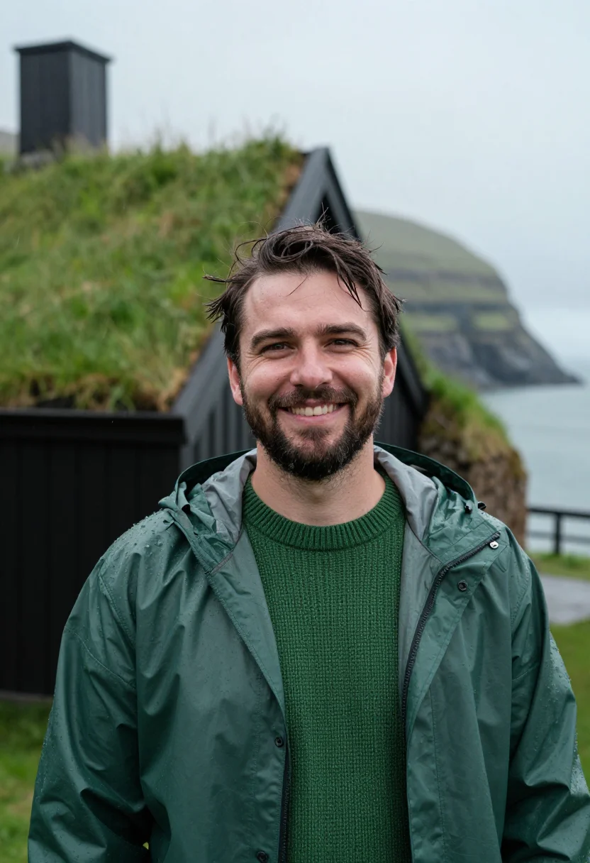 AI faroe turf green sample — portrait of a man, framed head and shoulders, tighter, the b