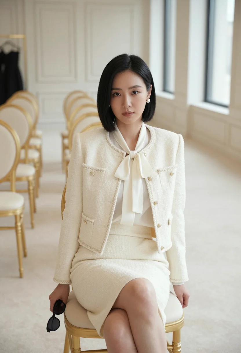 AI fashion editor couture week ivory sample — portrait of a woman, seated three-quarter-length portrait of