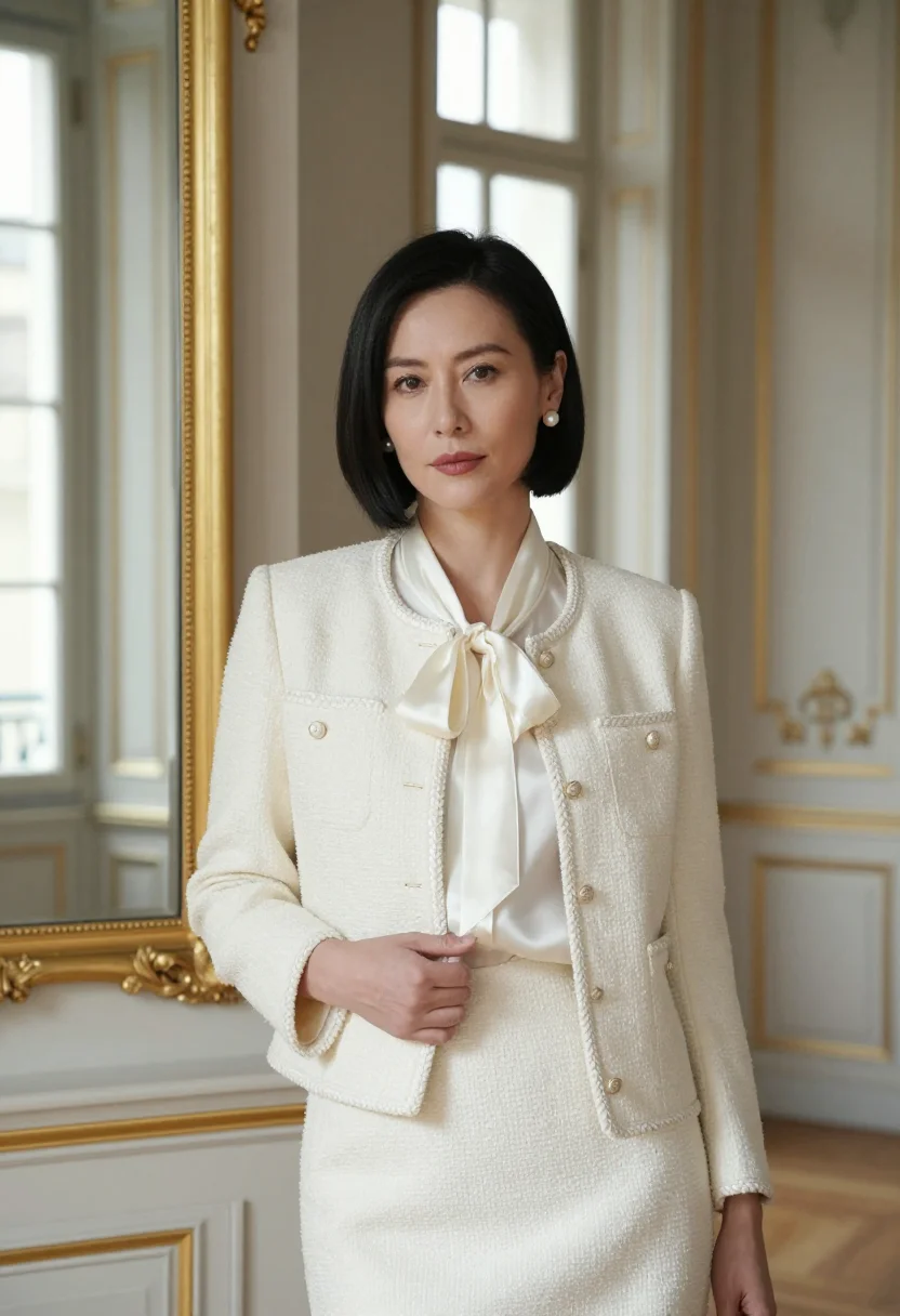 AI fashion editor couture week ivory sample — portrait of a woman, chest-up portrait of a French woman in