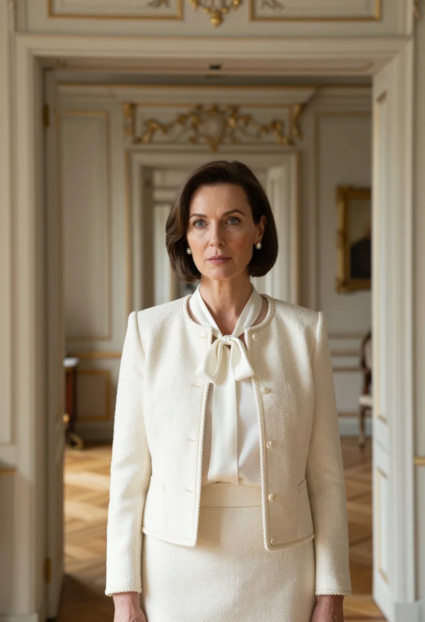 AI fashion editor couture week ivory sample — portrait of a woman, head-and-shoulders portrait of a Britis