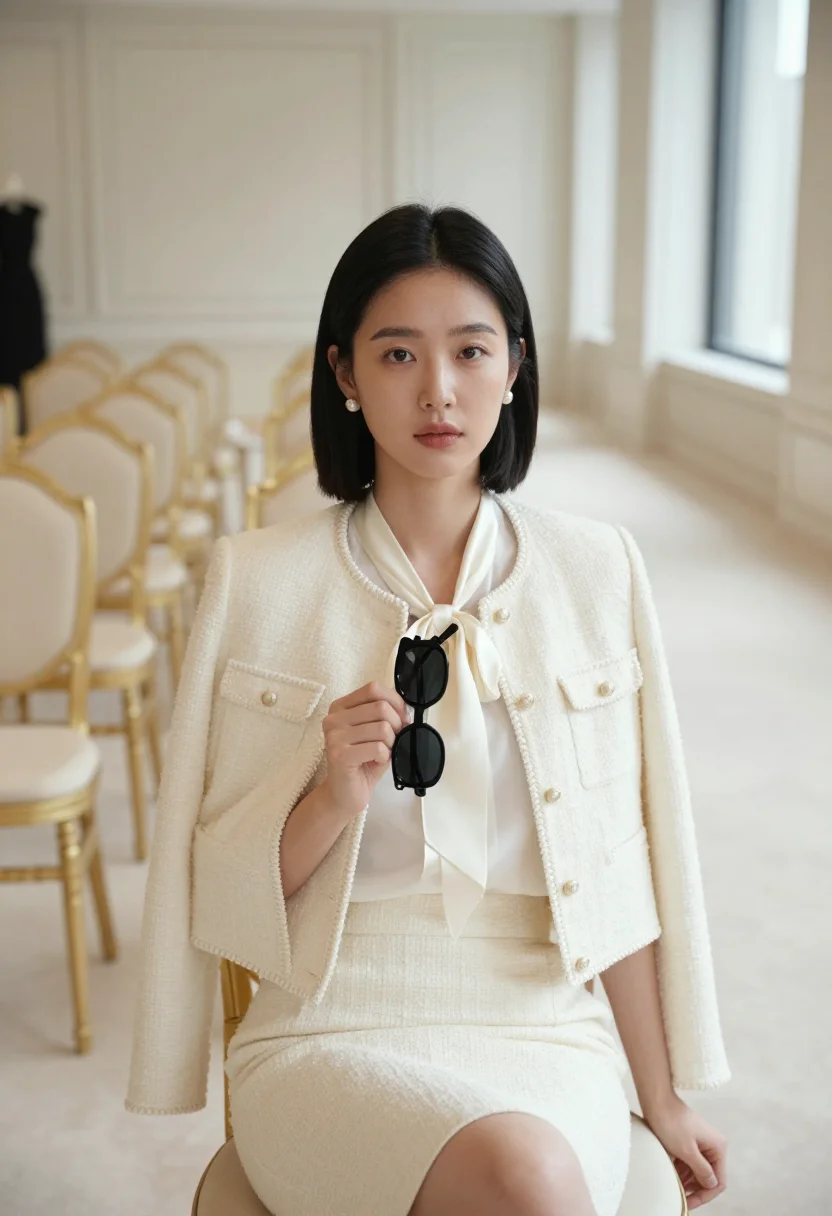 AI fashion editor couture week ivory sample — portrait of a woman, chest-up portrait of a Korean woman in